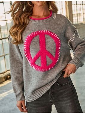 💖Vici Gray Crewneck Sweater with Hot Pink Peace Emblem